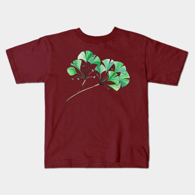 Gingko Branch Watercolor Illustration Kids T-Shirt by Danica Templeton Art